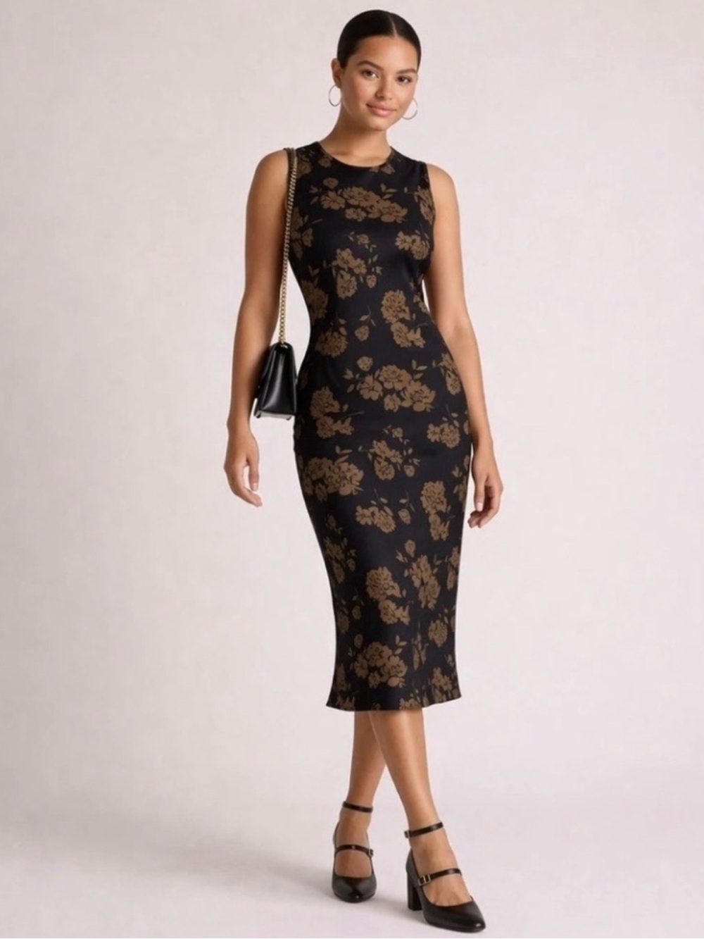 Quince Black Mulberry Silk Dress with Brown Floral Pattern - NWT